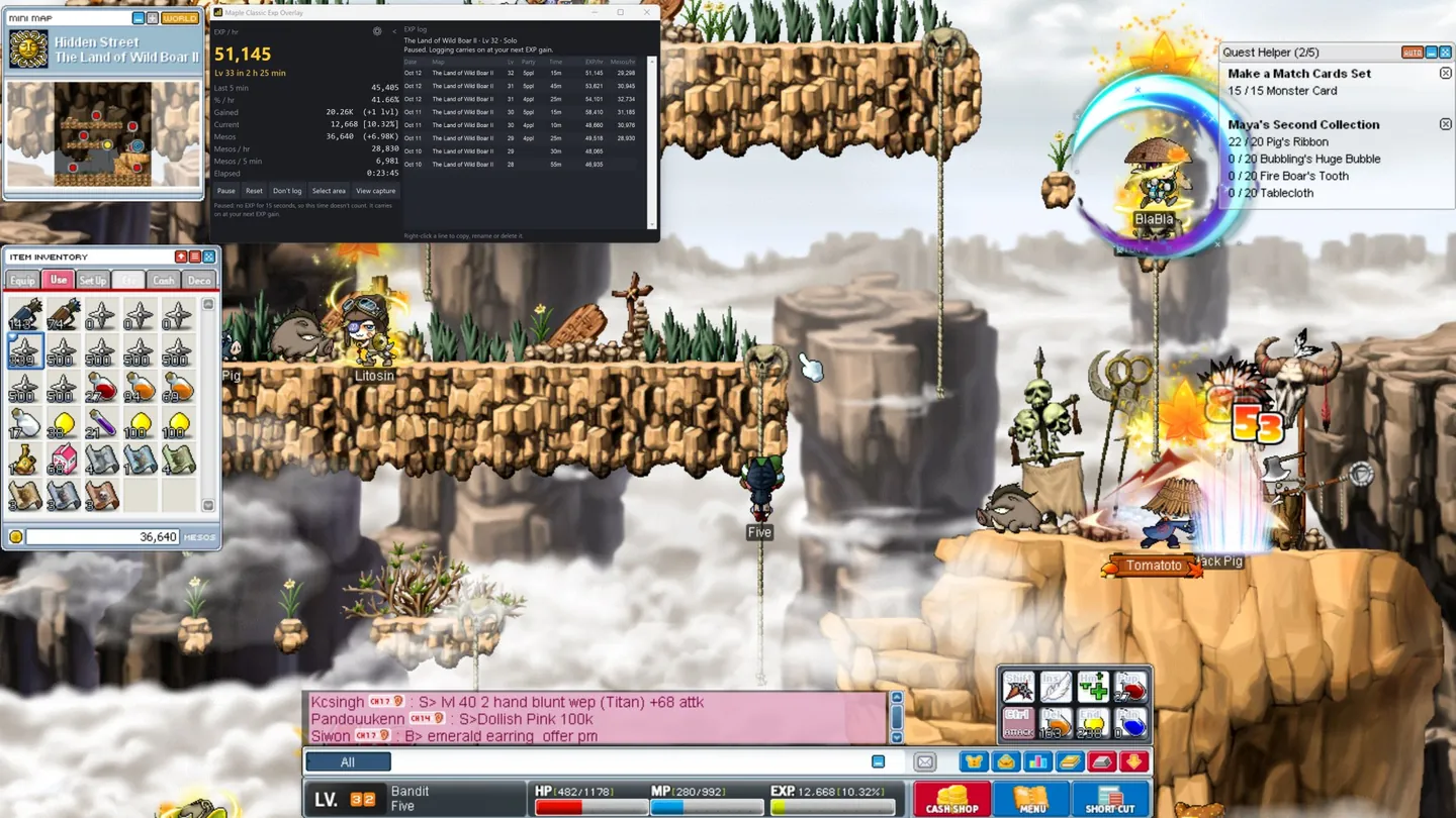 MapleStory Classic World with Maple Classic Exp Overlay open next to the game